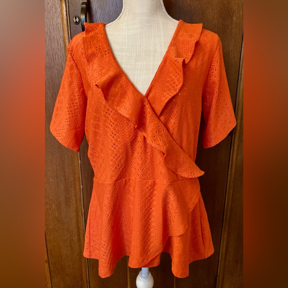 MICHAEL Michael Kors Orange Eyelet Faux Wrap Ruffle Short Sleeve Top Size Large